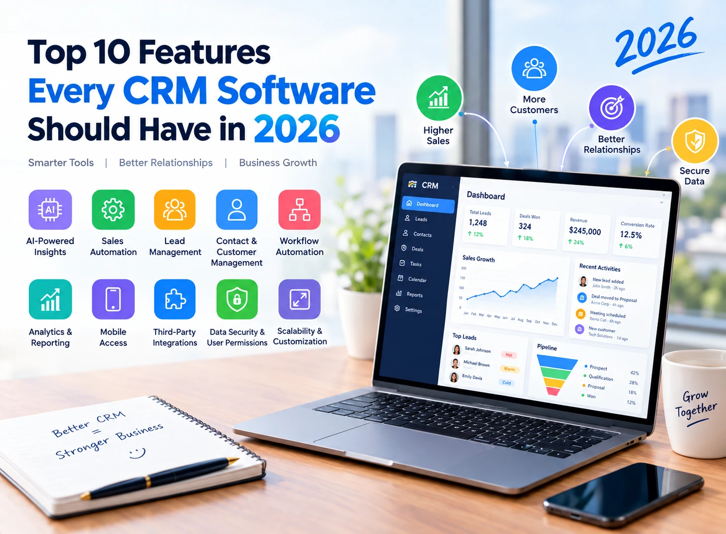 Top 10 Features Every CRM Software Should Have in 2026 with AI, automation, analytics, and customer management dashboard