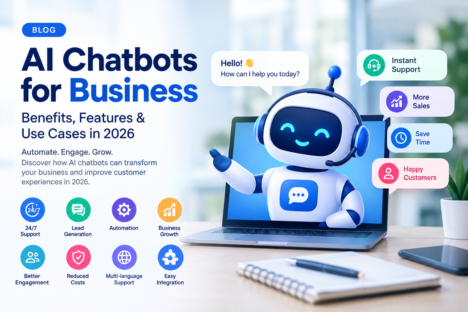 AI Chatbots for Business in 2026 – Modern AI chatbot providing 24/7 customer support, lead generation, automation, and business growth solutions.