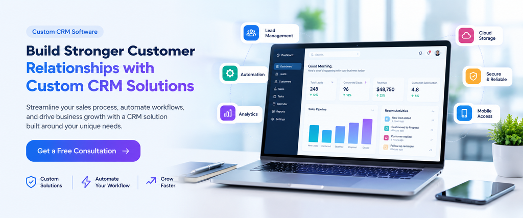 Custom CRM Software dashboard for lead management, sales automation, workflow automation, analytics, and business growth