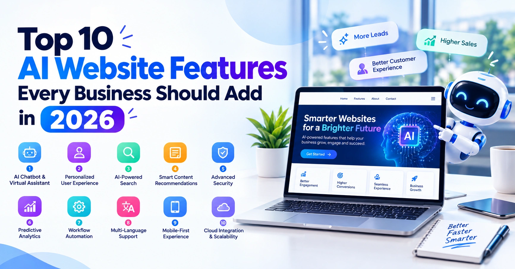 Top 10 AI Website Features Every Business Should Add in 2026 – Modern AI-powered business website illustration