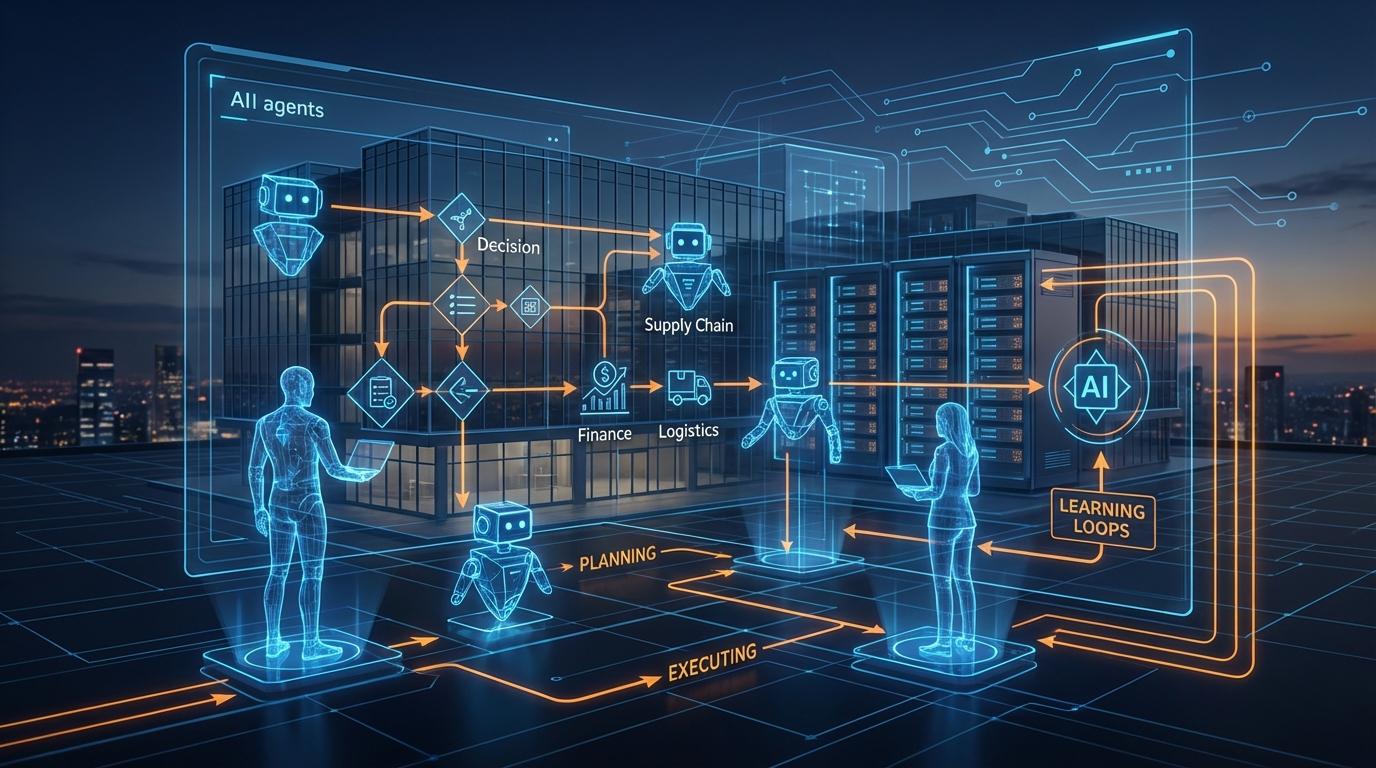 AI Agents for Business in 2026 illustration showing intelligent automation, workflow optimization, AI assistant, and digital business transformation.